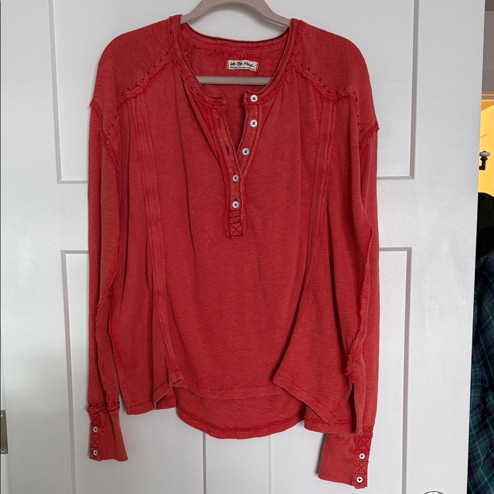 Free People Red Long Sleeve Henley Top. NWOT